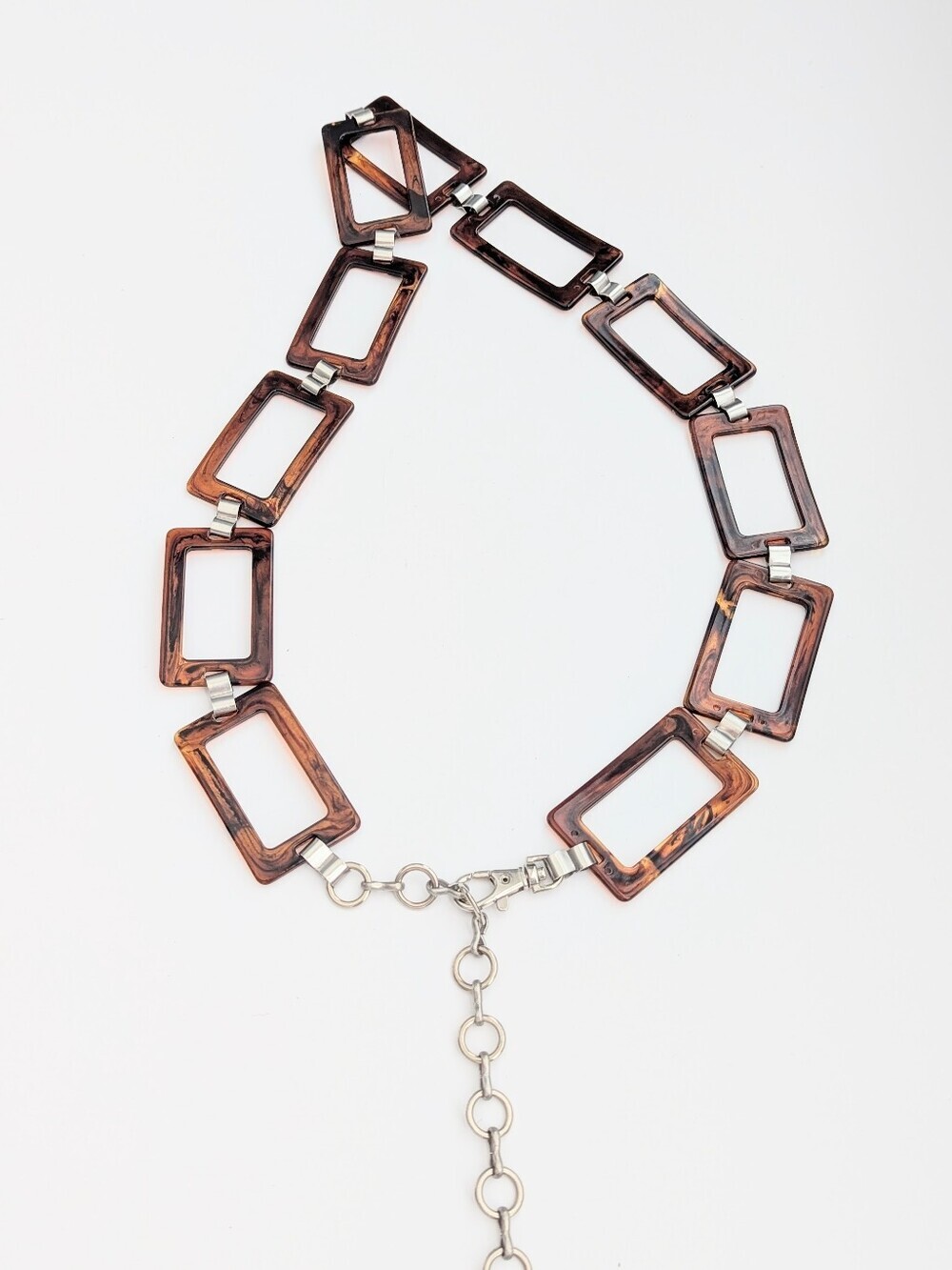 Women's Vintage Tortoiseshell Open Rectangular Link Belt w/Silver Clasp Chain